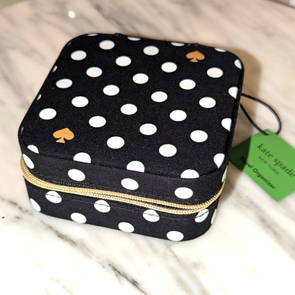 NWT Kate Spade Travel Jewelry Case- b&w polka dot with gold ♠️♠️symbol